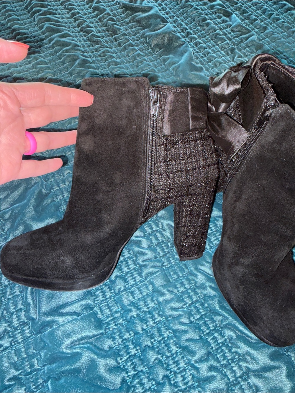 Copper Key Black Satin Bow Block Heel Ankle Booties - Picture 4 of 6